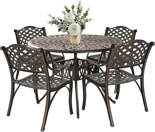 Patio Dinning Set Weather Resistant Cast Aluminum Patio Furniture Set with Umbrella Hole, Bistro Dining Set for Garden (42" x 42" Table D and 4 Chairs Bronze, 5 Pieces)