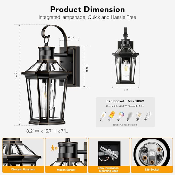 VIANIS Motion Sensor Outdoor Wall Lantern, Dusk to Dawn Outdoor Porch Light, 100% Anti-Rust Aluminum Waterproof Exterior Light Fixture, Modern Outside Wall Sconce Coach Lantern for Garage House