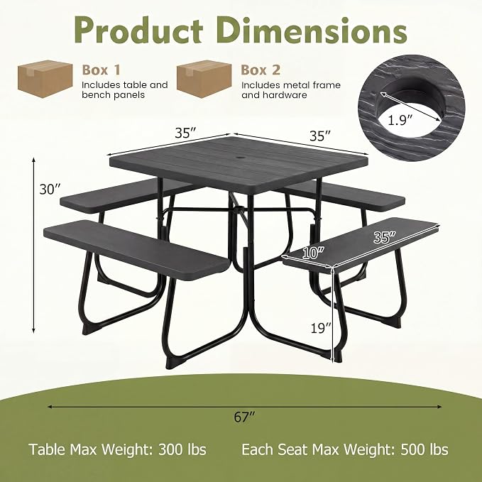GYMAX Picnic Table Bench with Umbrella Hole, 8 Person Square Outdoor Picnic Table with Metal Frame & HDPE Tabletop, Camping Table for BBQ Yard Patio, 2300LBS Capacity (Black)