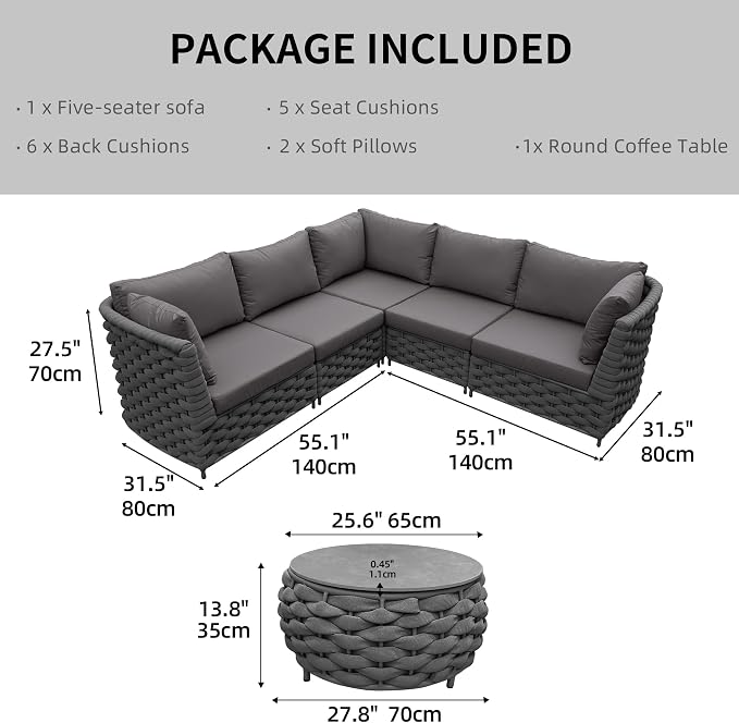 TWT 6-Piece Modular Outdoor Sectional Sofa Set, 5-Seater Woven Rope Patio Conversation Set with Coffee Table, Water-Resistant Cushions, for Backyard Balcony Deck,Dark Gray
