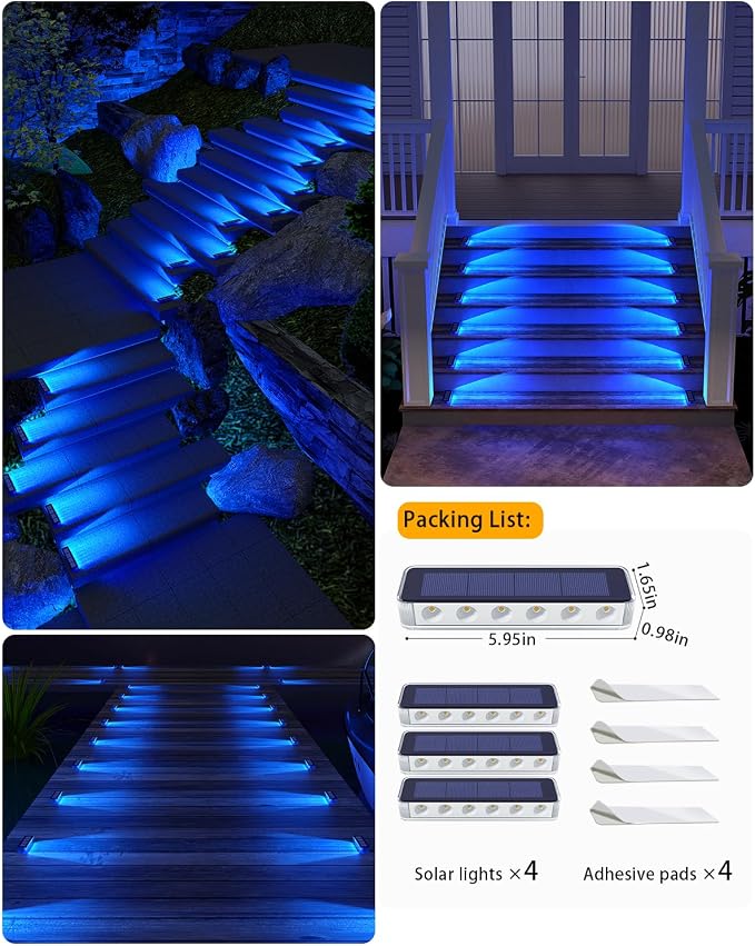 DetarZinLED Blue Solar Lights for Outside,4 Pack Solar Deck Lights Outdoor Waterproof LED,Blue Step Light for Outside,Dock Light Solar Powered Waterproof for Deck,Steps,Dock,Driveway,Stair,Path