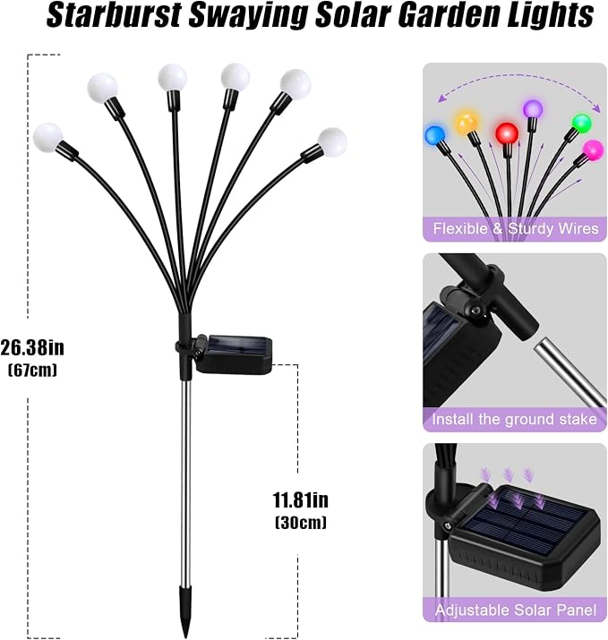 Solar Garden Lights Outdoor Waterproof, Swaying Firefly Light, Garden Decor | 4 Pack Solar Firefly Lights, Multicolor Changing Decor for Yard, Patio, Pathway and Lawn, Gifts for Women, Christmas Decor