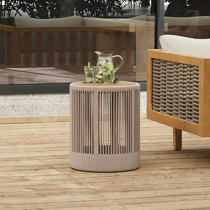 Outdoor Patio Side Table, Hand-Woven Rattan Rope End Table, Compact Outdoor Acacia Wood Round Coffee Table for Porch, Yard, Balcony, Garden,Beige