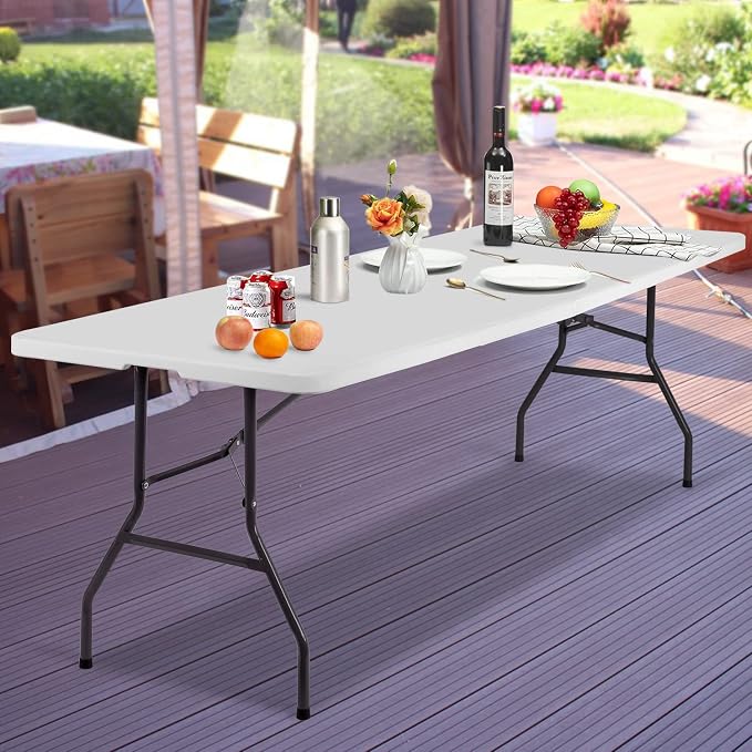 8FT Folding Table, Heavy Duty Foldable Dining Table, Portable Plastic Picnic Table with Handle, Indoor Outdoor Camping Table, Fold-in-Half Rectangular Banquet Party Table – White