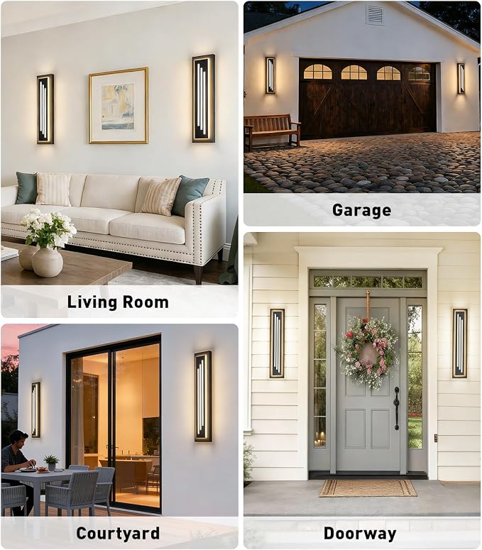 23.6'' Outdoor Wall Lights Modern Black LED Outdoor Wall Sconce, Large Long Exterior Lighting Fixtures, 3000K Waterproof Front Porch Lights Outside Lights for House, Garage, Indoor, 2 Pack