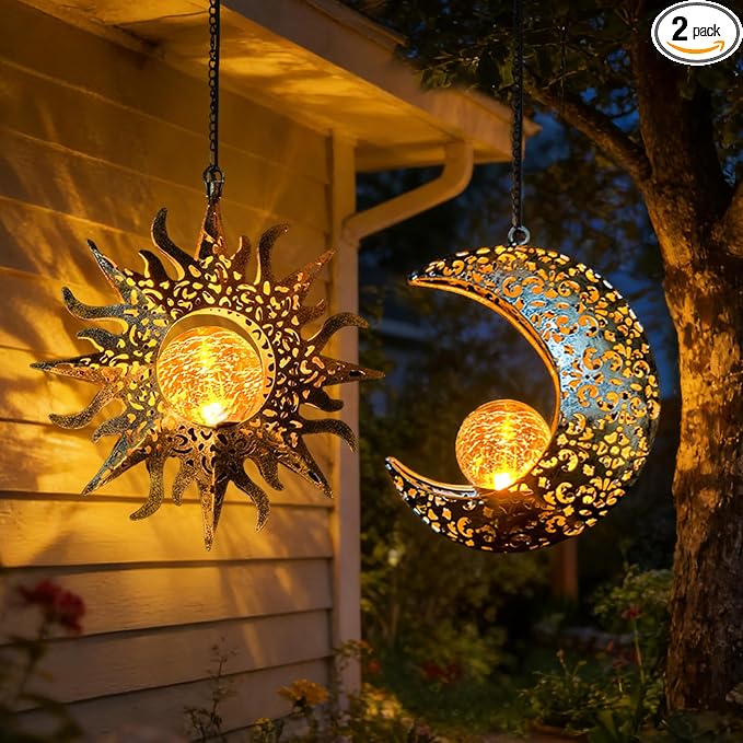 Solar Hanging Sun Moon Lights,Outdooor Lanterns Waterproof Garden Gifts | 2 Pack Metal,Crackle Glass,8-10 Runtime,Warm Glow,Easy Hang,Yard Patio Decor,Vintage Boho,Individual Wall Art,Gifts for Mom
