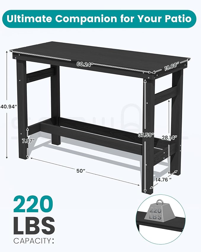 SERWALL 41" Outdoor Bar Table with 1.6" Umbrella Hole, HDPE Patio Bar Counter Height Table, All-Weather Rectangle Bar Table for Backyard, Garden, Poolside, Balcony - Black