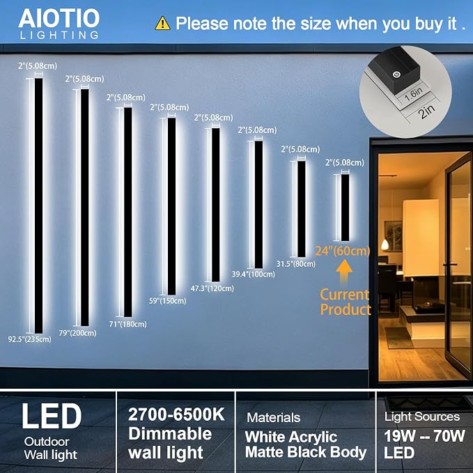 AioTio Modern Outdoor Wall Light for House,23.6inch Black LED Exterior Wall Sconces Lighting Fixtures, Outdoor Porch Light Fixture Dimmable Long Linear Wall Light Outside Lighting for Porch，Garage