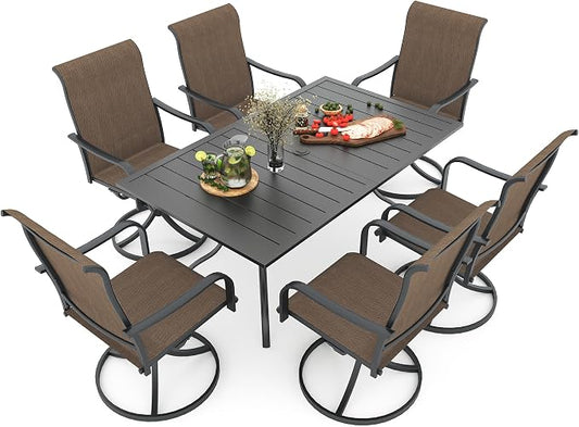 7 Piece Outdoor Dining Set Swivel Chair and 63" Rectangle Table Brown Sty2 | 6 Piece Swivel Chairs: High Back, Curved Armrest, Textilene Fabric, Rocking; 63"x38"x28" Metal Rectangle Table, All Weather