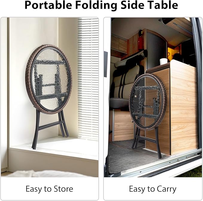 Round Rattan Folding Patio Side Tables with Tempered Glass Table Top, Portable & Lightweight Compact Foldable Wicker End Table Coffee Table for Poolside Lawn Garden Balcony
