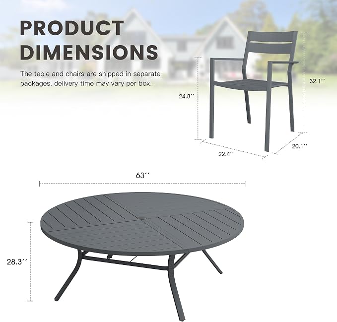 Patio Dining Set for 10, Round 63.1" Patio Dining Table and Stackable Outdoor Dining Chairs Outdoor Furniture for Backyard Porch Deck, Spliced Dark Grey Table and Grey Chairs