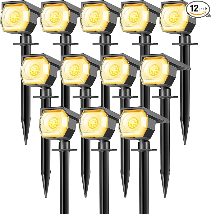 12 Pack Solar Spot Lights Outdoor Waterproof, Landscape Spotlights | Warm White, Solar Powered, Auto On/Off, Lighting for Outside Pathway Yard Lawn Flag Garden Walkway Pathway