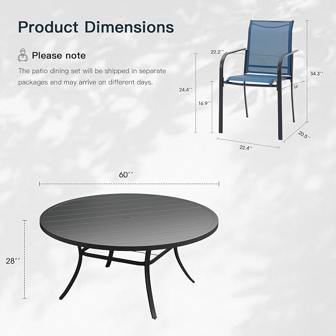 VICLLAX 11 Pieces Patio Outdoor Dining Set, 60" Round Metal Table with Umbrella Hole and 10 Stackable Textilene Chairs for Patio, Lawn, Garden, Porch, Black/Dark Blue