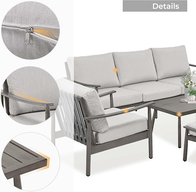 HAPPATIO Patio Outdoor Furniture Set - 6 Pieces Aluminum Outdoor Conversation Set with 1 Three-Seater Sofa, 1 Coffee Table, 2 Armchairs, and 2 Ottomans for Yard, Porch, and Deck (Grey)