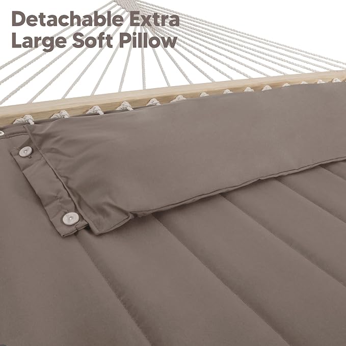 SUNCREAT 55 Inch Extra Large Double Hammock with 12 ft Stand, 475lbs Capacity, Outdoor Portable Hammock with Hardwood Spreader Bar, Extra Large Pillow, Brown