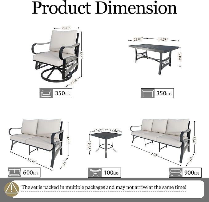 9 Pieces Patio Conversation Sets, All-Weather Metal Swivel Rocking Chairs with Rope Furniture Set, Outdoor Sofa Couch for Deck, Porch, Garden, Backyard, Poolside (Beige Cushions)