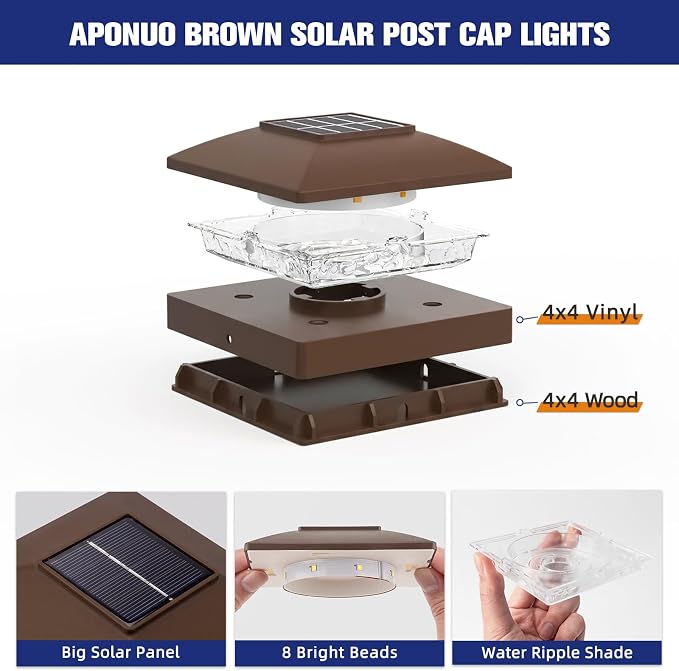 APONUO Solar Post Cap Lights for 4x4 Posts - IP64 Waterproof, Warm/Cool White, Wireless Fence Lights & Deck Lights for Patios, Gardens, and Yards, Brown,16 Pack