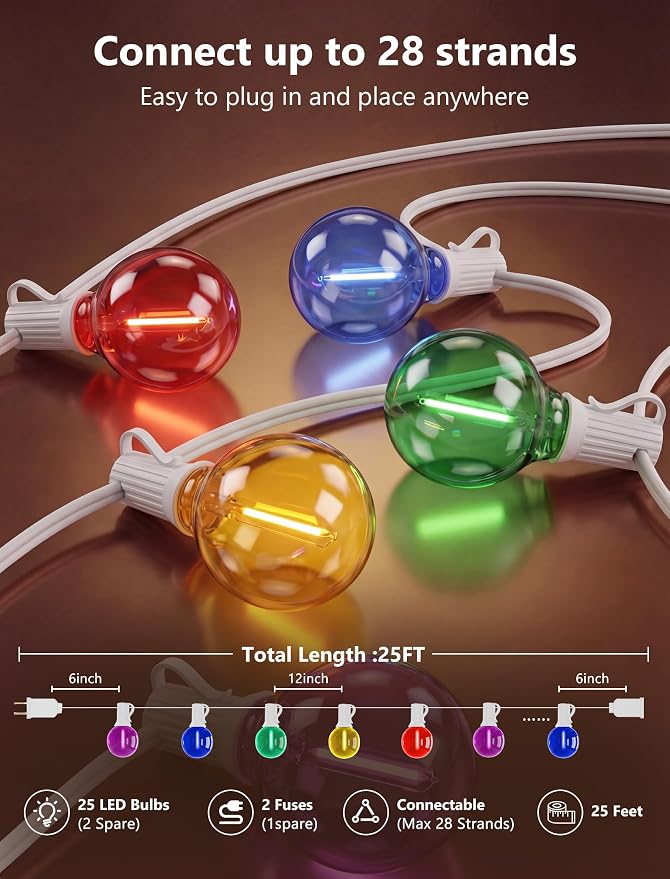25Ft LED Outdoor String Lights, G40 Outdoor Christmas Decorations Lights Waterproof with 27 LED Globe Multicolor Bulb, Hanging Vintage Christmas Lights for Patio Roofline Backyard Garden Party Decor