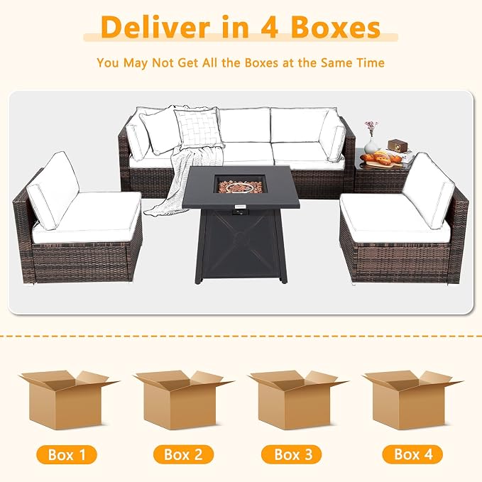 Tangkula 7 Piece Patio Furniture Set w/Fire Pit Table, Patiojoy Outdoor Rattan Conversation Sofa Set w/30 Square Propane Fire Pit Table, 50,000 BTU Heat Output, Protective Cover Included (Brown)