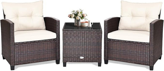 KOTEK 3 Piece Patio Furniture Set, Outdoor Conversation Set with Washable Cushions & Tempered Glass Tabletop, PE Rattan Wicker Bistro Set for Porch, Garden, Balcony (White)