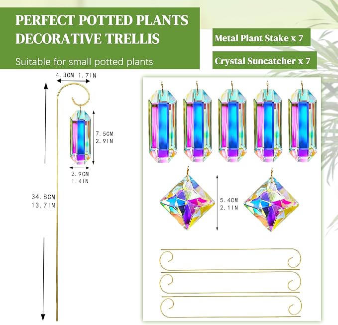 7 Pcs AB Colored Crystal Suncatcher Small Trellis Golden Plant Potted Stake | Crystal Plant Suncatcher Glass Garden Stakes for Potted Plants Indoor Outdoor Decorative Plant Stakes 13.7 Inch