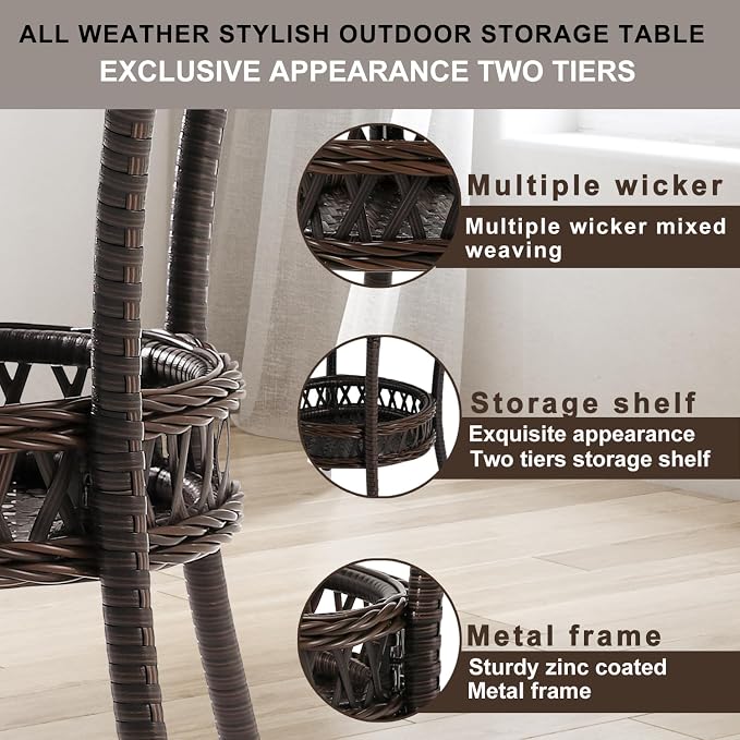 Outdoor Side Table Wicker Outdoor End Table for Patio Rattan Side Table for Outside Brown Patio Coffee Table with Storage & Glass Table Top Round for Backyard Porch