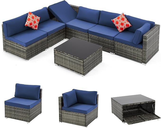 HOMREST 7 Piece Outdoor Patio Furniture, Hand Woven PE Rattan Patio Conversation Sets, Outdoor Sectional Set with Storage Table, Cushions and Pillows, Lift Sofa for Garden, Balcony, Lawn (Navy Blue)