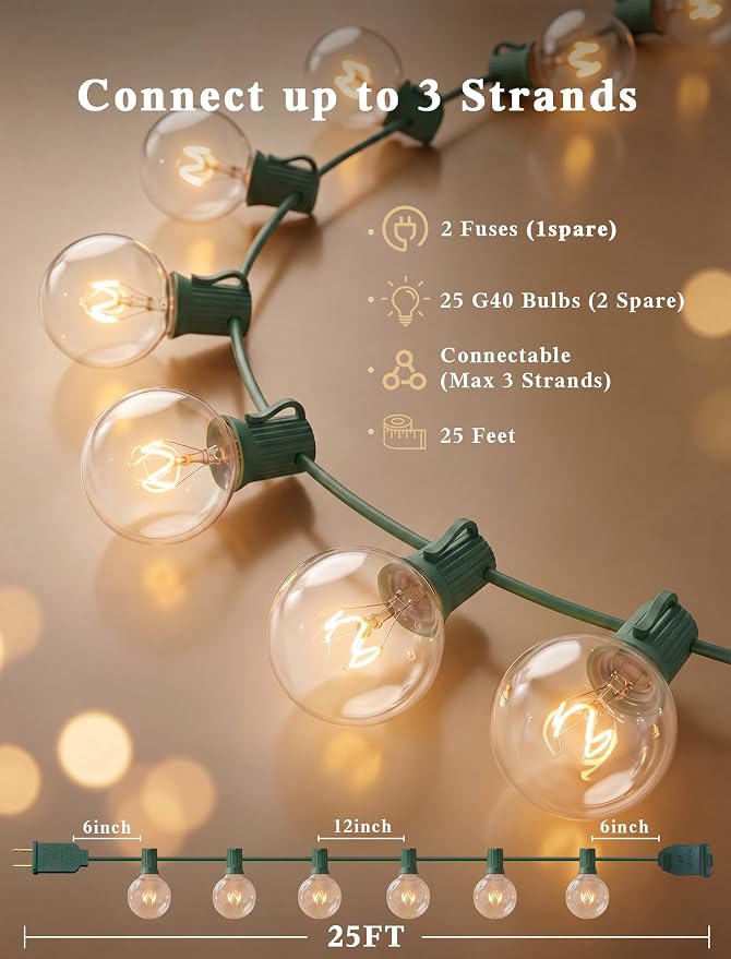 25Ft Christmas Outdoor String Light, G40 Globe Patio Lights with 27 Clear Glass Bulbs(2 Spare), Waterproof Connectable Hanging Christmas Lights for Backyard Porch Balcony Party Xmas Decor, Green Wire