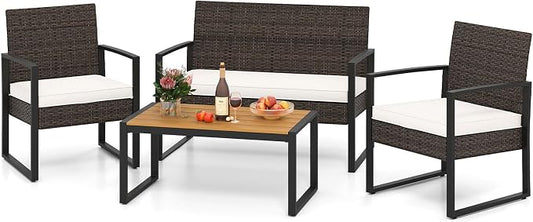 Tangkula 4 Pieces Patio Furniture Set, Outdoor Rattan Conversation Set w/Cushioned Chairs & Wood Plastic Coffee Table, Wicker Sectional Seating Furniture for Backyard, Poolside, Porch (Off White,1)