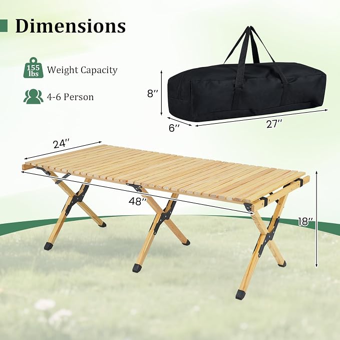 COSTWAY Folding Picnic Table, Portable 4ft Roll Up Camping Table with Storage Bag, for 4-6 People, Low Height Foldable Pine Wood Bench Table, for Indoor & Outdoor Party, BBQ & Hiking