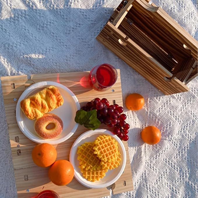Portable Wooden Picnic Table with Storage Basket - Folding 2-in-1 Outdoor Table and Wine Glass Holder, Ideal for Champagne, Snacks and Beach or Park Dining