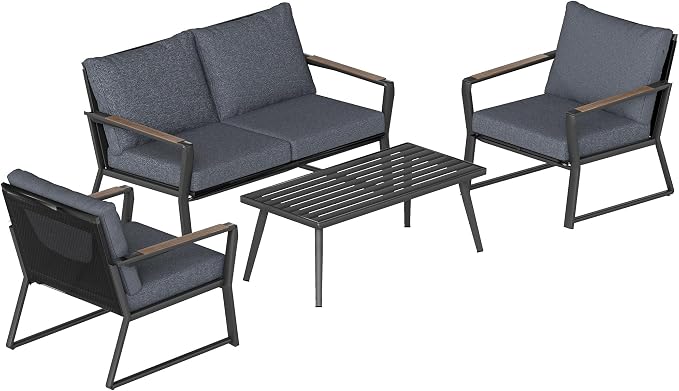Outsunny 4 Piece Patio Furniture Set, Aluminum Conversation Set, Outdoor Garden Sofa Set with Armchairs, Loveseat, Center Coffee Table and Cushions, Dark Grey