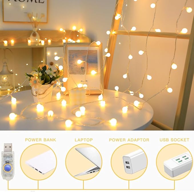 RaThun Globe String Lights 65.6 Ft. 160LEDs 8 Modes with Remote,USB Fairy Lights Plug in,Waterproof LED String Lights for Indoor Outdoor Bedroom Party Wedding Garden Christmas Tree Decor,Warm White