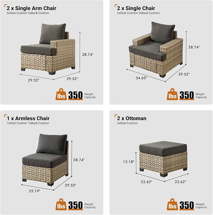 ovios 7 Piece Patio Sectional Furniture, Rattan Wicker Coversation Couch Set, Outdoor Sofa Set for Outside Porch Balcony Backyard Pool,Black