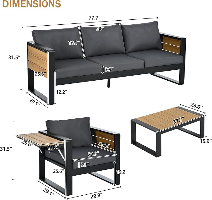 JIVOIT 4-Piece Outdoor Patio Furniture Set for 5 Person, Large Aluminum Frame Conversation Set with 3-Seater Sofa, 2 Armchairs with Fold-Out Side Tables, Modern Garden/Patio Seating, All-Weather Use