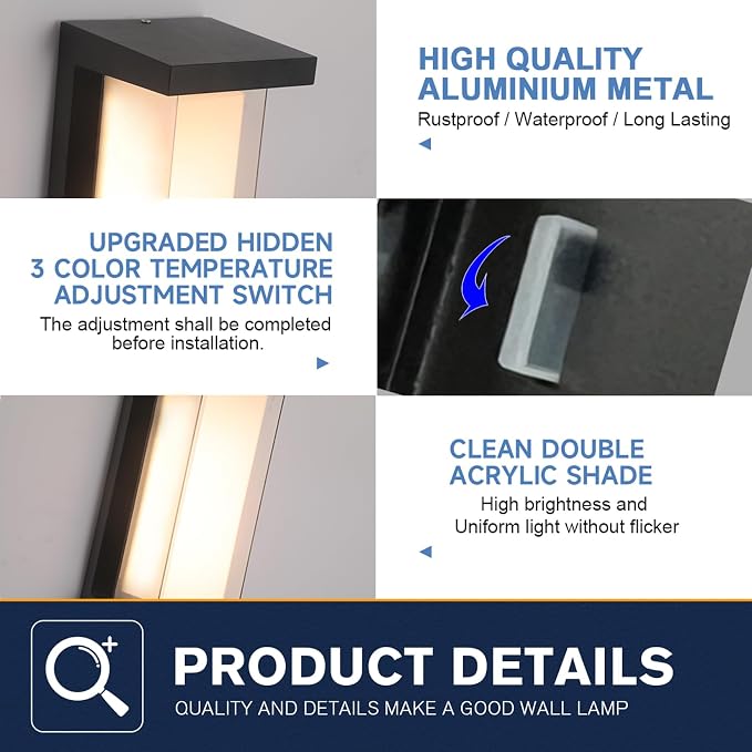 2 Pack 24W Outdoor Wall Lights Exterior/Interior LED 3-Color Adjustable 2100LM Sconces Lights IP65 Waterproof Modern Outdoor Patio Lighting Fixtures Aluminum Wall Lights Compatible with Dimmers