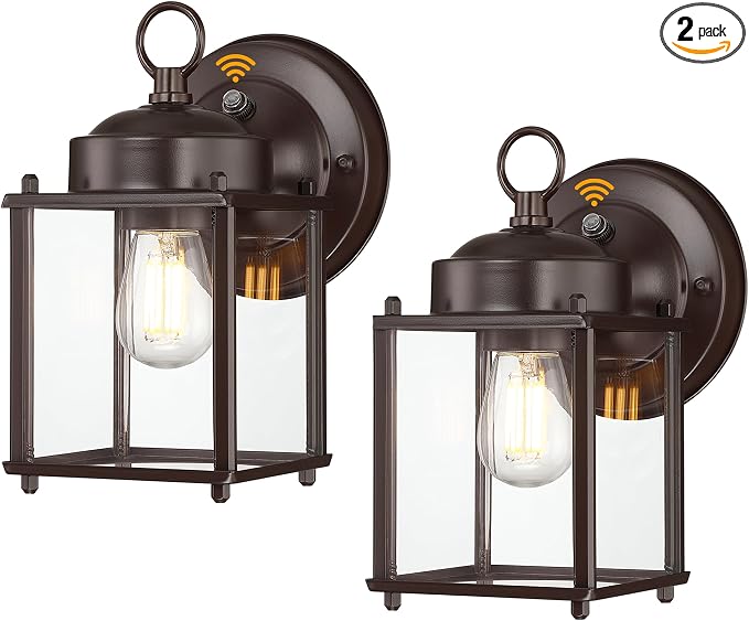 Outdoor Wall Light, Porch Lamp, Dusk to Dawn, Bronze | Exterior Wall Sconce Fixture for House, Garage, Patio, Rustproof Waterproof, Metal Housing with Glass, E26 Base, 2 Pack