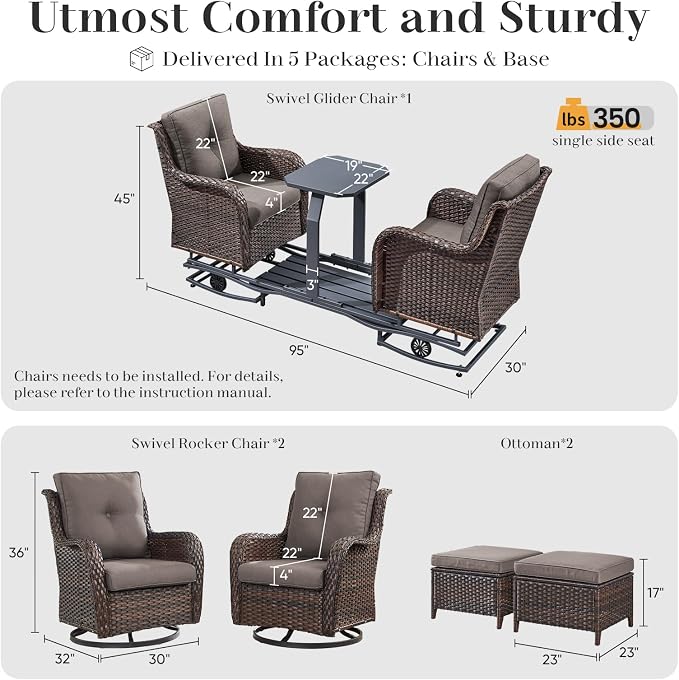 Rilyson Luxury Wicker Outdoor Conversation Set with Glider Rocker Chairs, 5 Pieces Patio Furniture Set with Rattan Swivel Rocker Chairs and Ottomans All Weather Brown/Grey