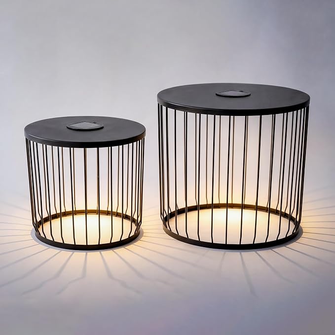 Solar Nesting Side Table Set of 2, Modern Black Metal Wire Round End Tables with Dusk to Dawn LED Light & On/Off Switch, Industrial Accent Tables for Patio, Balcony, Living Room, Garden (Solar 2)