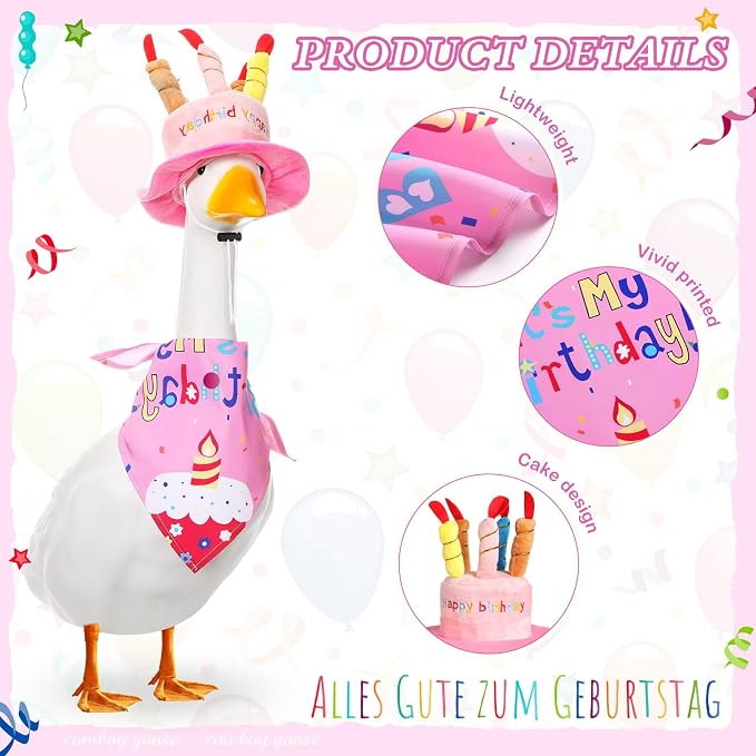 Dansydaisy Happy Birthday Goose Outfit Porch Goose Outfits with Happy Birthday Cake Hat and Bandana Yard Geese Outfits for 23" 17" Cement Plastic Geese Duck Decorations(Style 1,Pink)