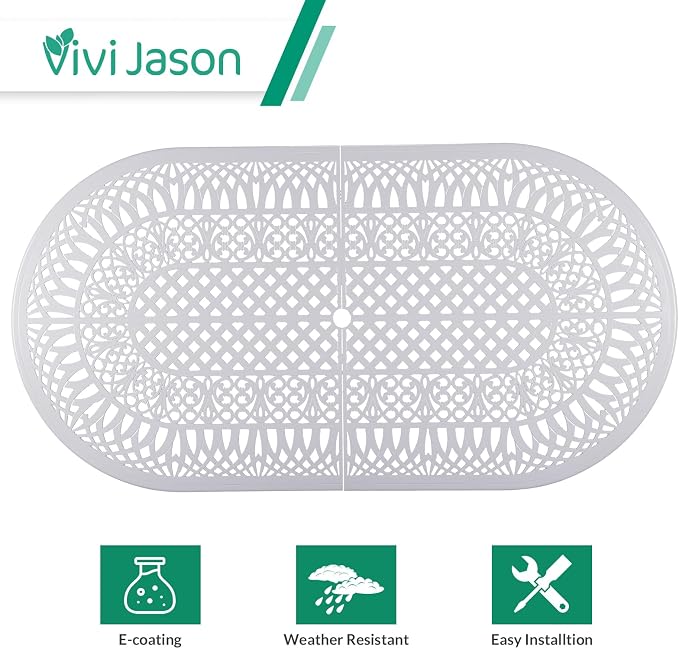 VIVIJASON 9-Piece Patio Furniture Dining Set, All-Weather Cast Aluminum Outdoor Conversation Set Include 8 Swivel Dining Chairs and an Oval Table with Umbrella Hole, White/Green Cushion
