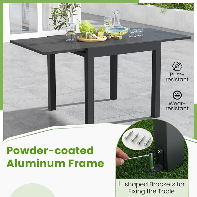 Tangkula 31.5"-63" Extendable Patio Dining Table, Aluminum Adjustable Outdoor Dining Table for 4-6 People, L-Shaped Brace Included for Fixation, Space-Saving Outside Table for Garden, Porch, Poolside