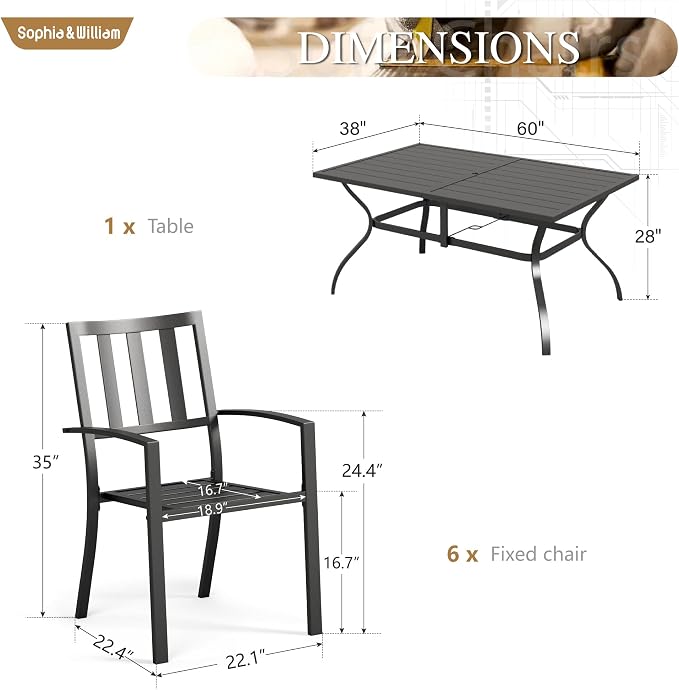 Sophia & William 7-Piece Patio Dining Set for 6, 60.2" Metal Outdoor Table with Umbrella Hole & 6 Stackable Chairs
