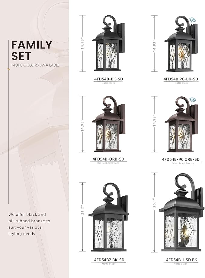 FEMILA Dusk to Dawn Outdoor Front Porch Light, 15" Exterior Waterproof Wall Light Fixtures, Matte Black Finish with Hammered Glass, E26 Socket, 4FD54B-PC BK-SD