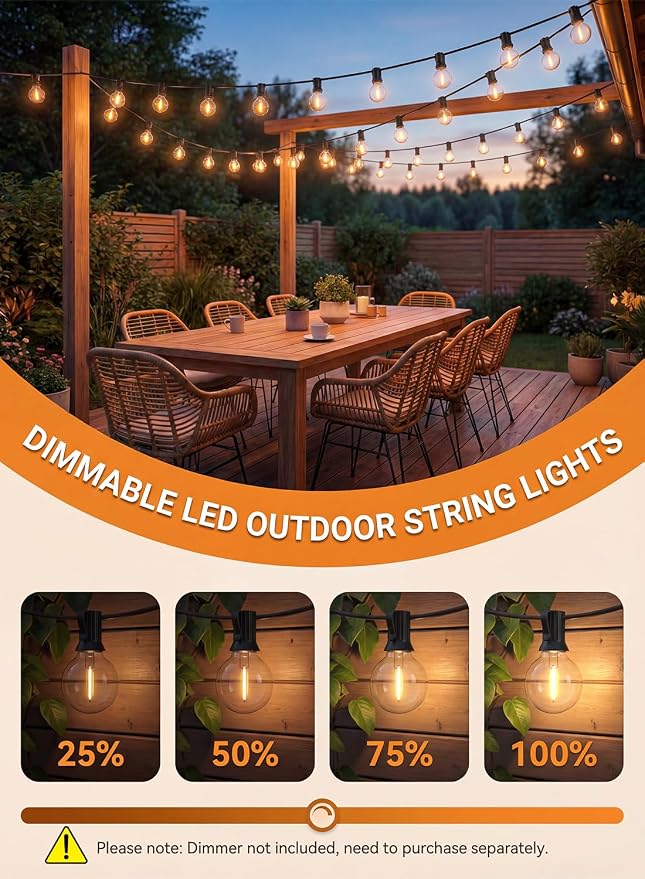 25FT G40 LED Globe Outdoor String Lights with 25 Plastic Shatterproof Bulbs | 2700K Warm White, IP65 Waterproof Hanging Connectable Globe Lights for Patio, Backyard, Bistro, Porch, Black Wire