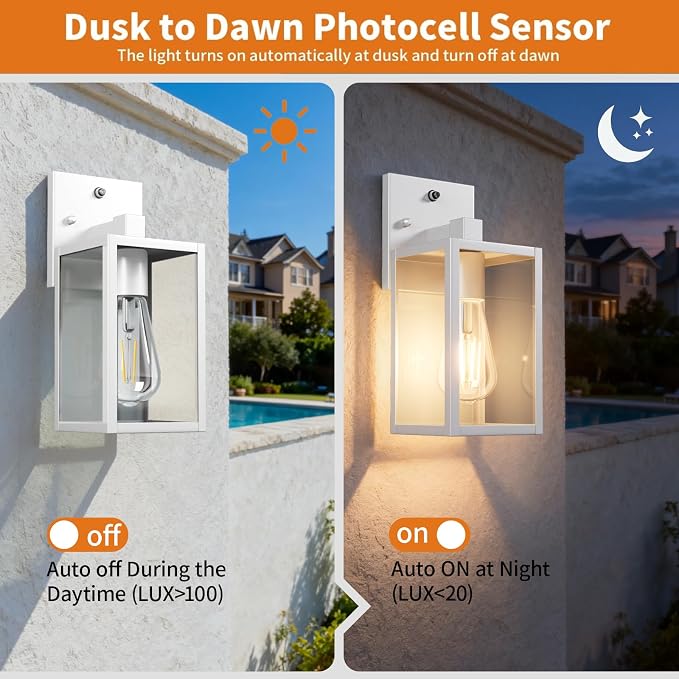 White Dusk to Dawn Outdoor Porch Lighting Fixtures Wall Mount, Sensor Exterior Wall Light for House, Ouside Lantern Lamp, Waterproof Wall Sconce Lights, Metal Coach Light for Garage Entryway