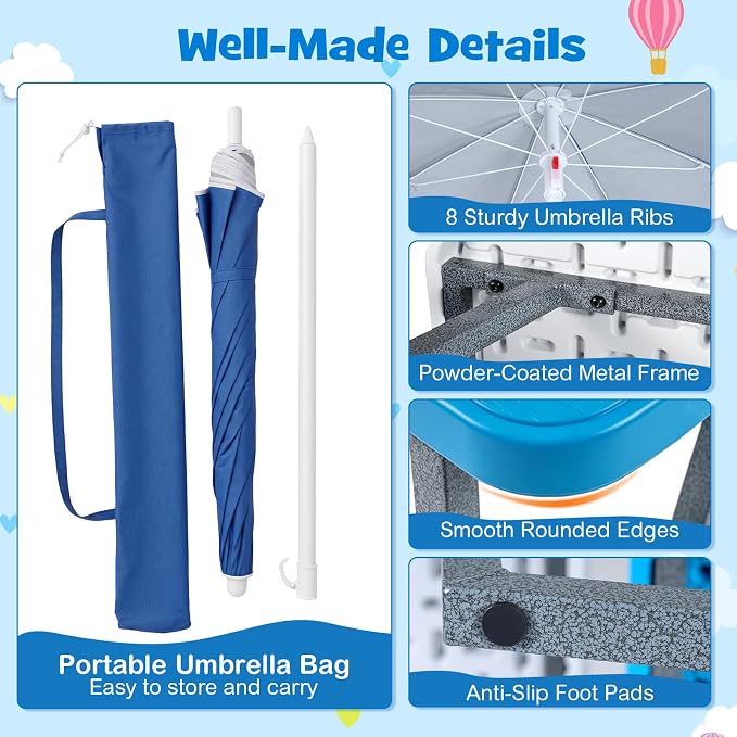 KOTEK Kids Picnic Table with Umbrella, Toddler Outdoor Table and Bench Set, Easy to Clean, HDPE Top & Metal Frame, 660LBS Capacity, Kids Patio Furniture for Backyard Park Garden (Blue)