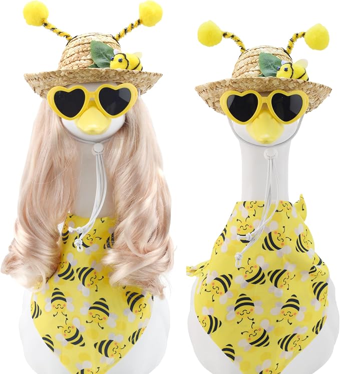 Summer Spring Bee Porch Goose Outfit 4 Piece Porch Goose Insect Outfits with Long Blonde Wig Bee Straw Hat Bandana for Outdoor Decor for Lawn Goose Statues