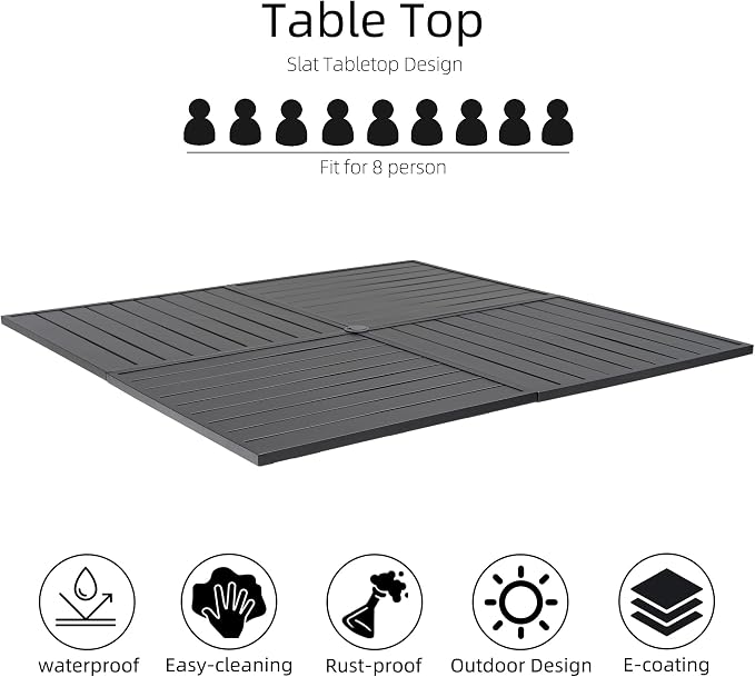 59" 8 Person Large Square Outdoor Patio Table with All Weather Metal Frame | 59 in Square Table, Slat Table Top, Black, Metal Top and Frame, 1.57"-1.9" Adjustable Umbrella Hole, 8 Person, All Weather