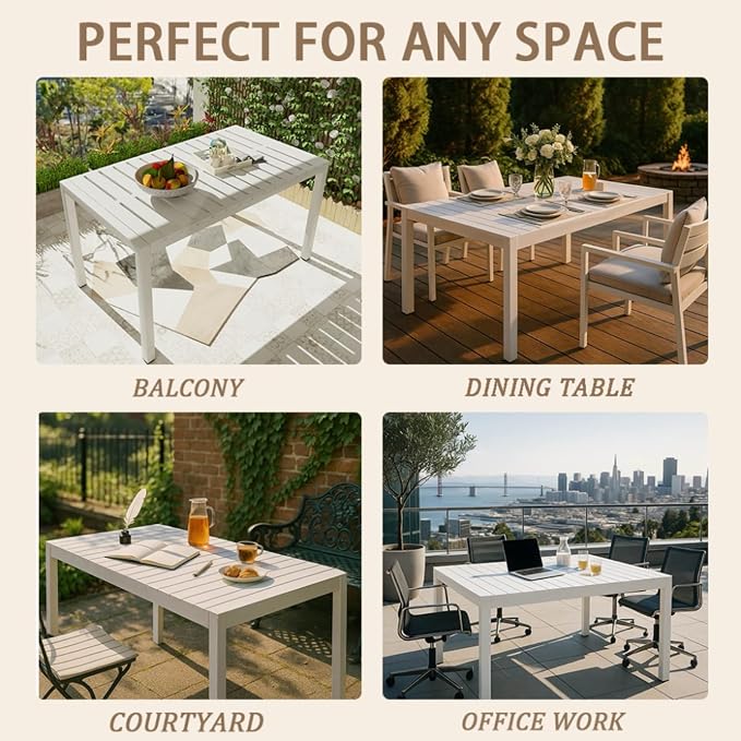 55 Inch White Modern Long Table, Indoor Outdoor Multi-Purpose Dining Table, Lightweight PP Tabletop with Metal Legs for Kitchen, Courtyard, Terrace Gatherings, Patio, Garden